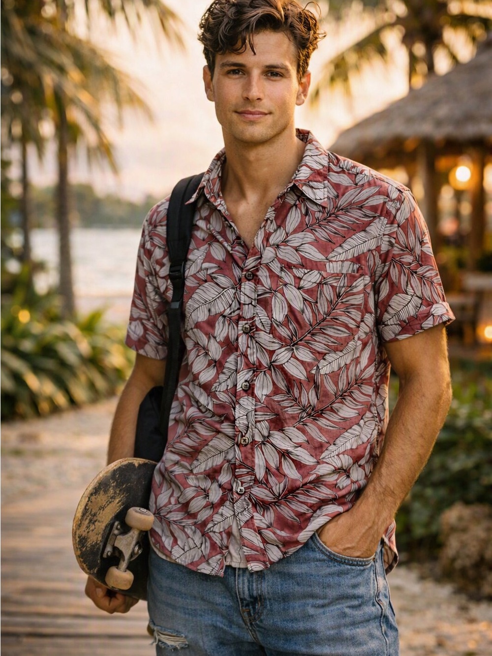 Casual Short-Sleeve Leaf Print Button-Down Shirt - Red